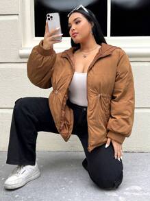 SHEIN EZwear Abrigo acolchado con capucha con cordón y cremallera, talla grande
