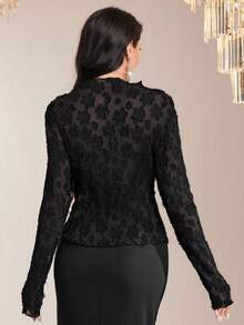 Modelyn Mock Neck Floral Jacquard Blouse - Black - View 2