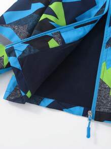SHEIN 女小童1入組幾何印花拉鏈開襟連帽外套 - 藍色 - 查看 4