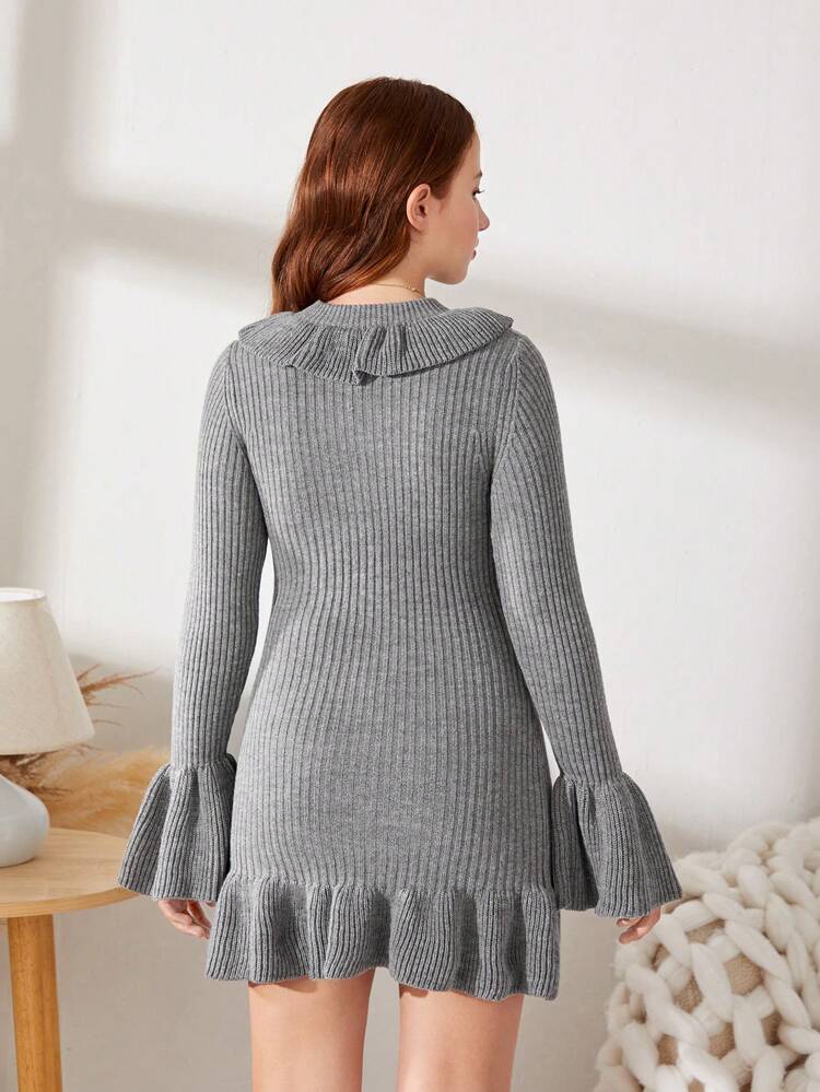 Teen Girl Ruffle Trim Flare Sleeve Sweater Dress Without Belt