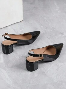 Fall/Winter 2025 Women's Minimalist Style Pointed Toe Chunky Heel Slingback Pumps, Black Pointed Toe Elegant High Heeled Outdoor Party Shoes,Elegant,Elegant - Black - View 4