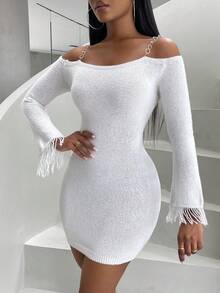 SHEIN Slayr Chain Detail Cold Shoulder Fringe Trim Bodycon Sweater Dress - White - View 5