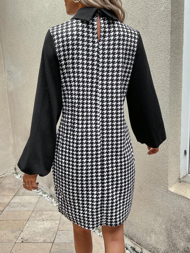 Houndstooth Print Lantern Sleeve Dress Fall Cloth For Women