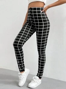 SHEIN Unity Grid Print Elastic Waist Leggings - Black - View 1