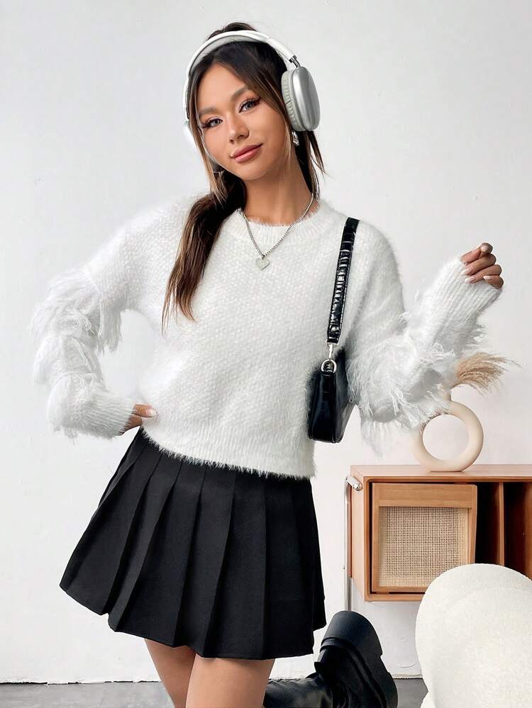 Fringe Trim Drop Shoulder Fuzzy Knit Pullover Fall Winter Sweater