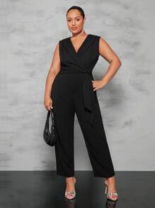 SHEIN BAE Plus Shawl Collar Belted Jumpsuit - Black - View 3