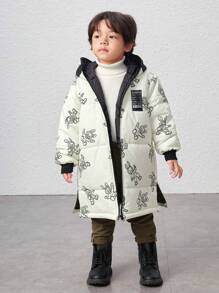 SHEIN 年轻男孩字母贴片细节卡通印花连帽棉服外套