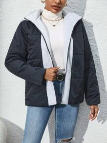 SHEIN Unity 双色拉链连帽棉服外套冬季 - 黑色 - 查看 3