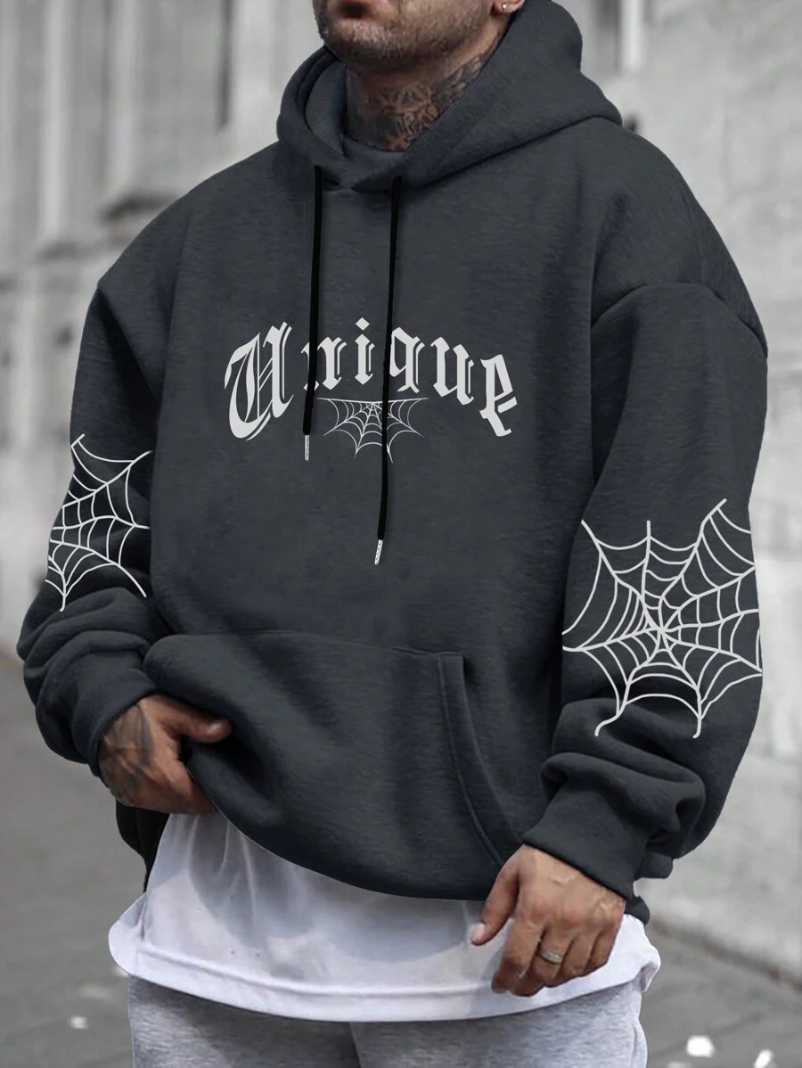 Manfinity LEGND Men Letter & Spider Web Graphic Kangaroo Pocket Drawstring Hoodie - Dark Grey - View 1
