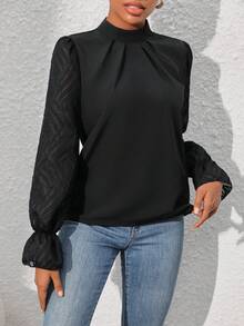 SHEIN Unity Lưới tương phản Tay áo loe Cổ giả Áo sơ mi - màu đen - Xem 3