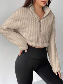 SHEIN EZwear Sudadera corta de media cremallera con caída de hombros color caqui, blusas de manga larga