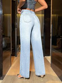 SHEIN BAE 扣飾腰直筒牛仔褲 - 藍色 - 查看 2