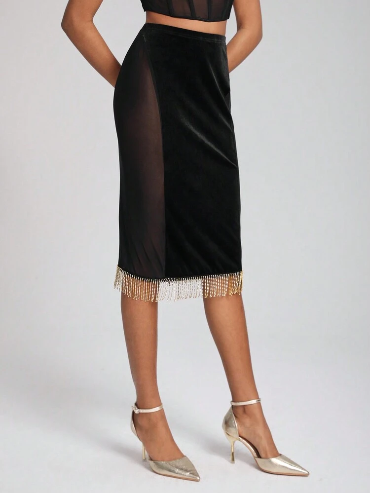 Designer Contrast Mesh Fringe Hem Velvet Elegant Skirt, For Summer, Holiday, Party, Festival
