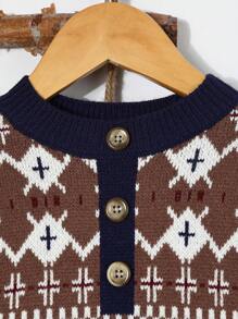 SHEIN Young Boys Casual Geometric Patterned Sweater With Button Decor - Multicolor - View 3