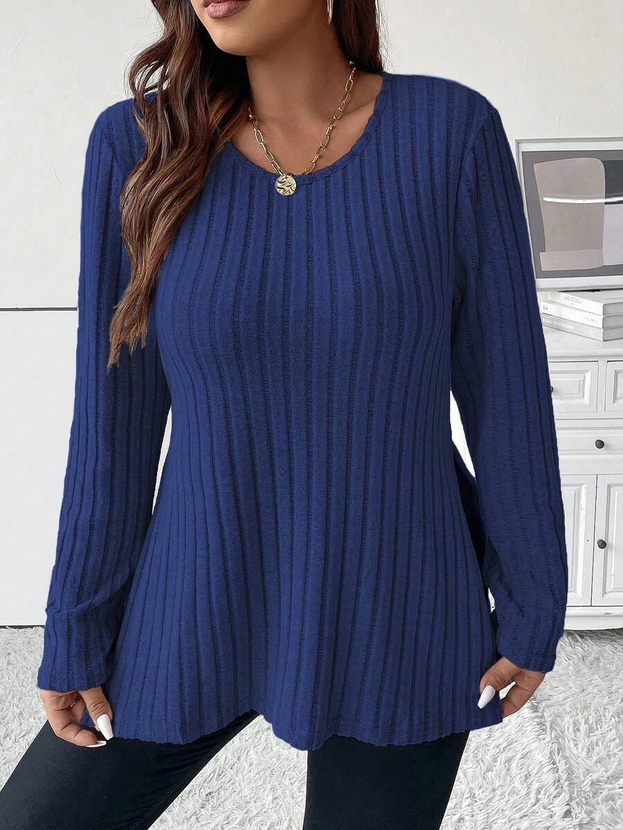 Calvaya Kích thước lớn Màu thuần Viền chia cắt Áo thun - Màu xanh hải quân - Xem 1