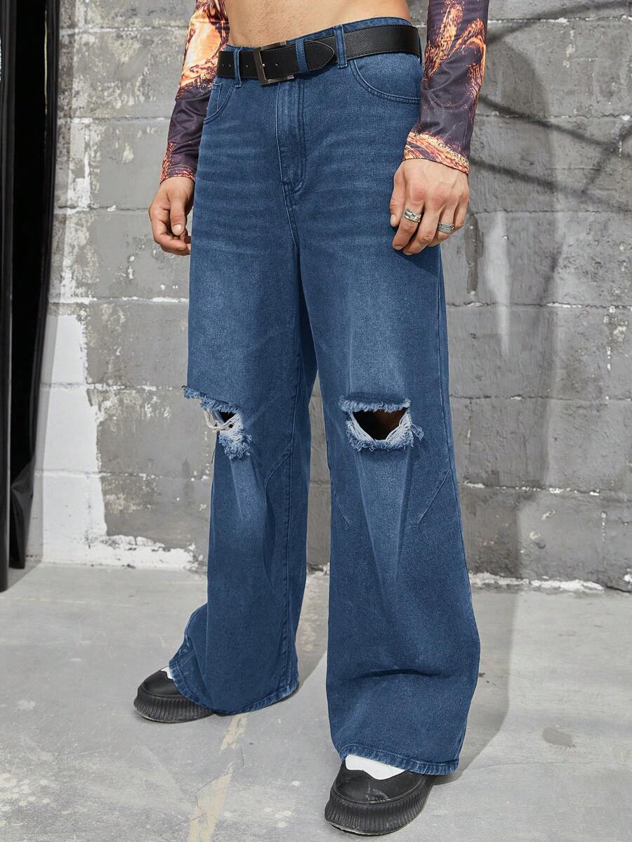 Manfinity Roughcore Loose Men's Ripped Wide Leg Jeans Without Belt - Medium Wash - View 1