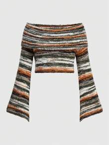 ROMWE Fairycore 一字肩鐘形袖條紋圖案套頭毛衣 - 彩色 - 查看 1