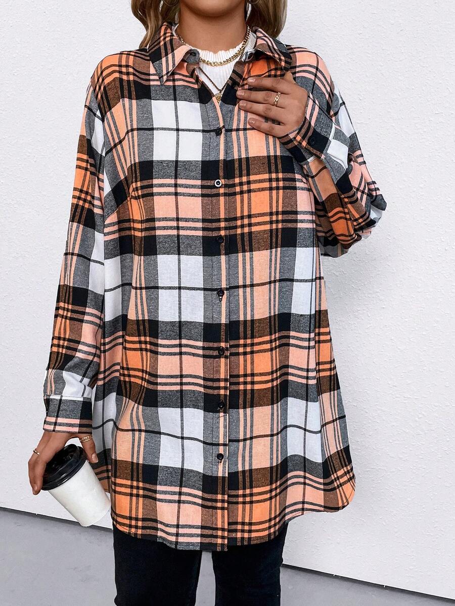 SHEIN CURVE+ 加大尺碼格紋落肩襯衫 - 珊瑚橙 - 查看 1