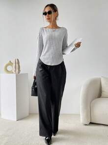 SHEIN Essnce Cổ thuyền Thả vai Curved Hem Áo thun - Màu Xám nhạt - Xem 4