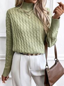 SHEIN Essnce 小高領落肩袖麻花編織套頭毛衣 - 橄欖綠 - 查看 6