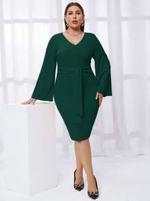 SHEIN Privé Hơn Tay áo kèn  Nút phía trước Váy bodycon - Màu xanh lá cây đậm - Xem 5