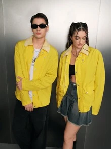 SWAVVY 一件超大款男士夹克，撞色领口和翻盖细节 - 黃色 - 查看 1