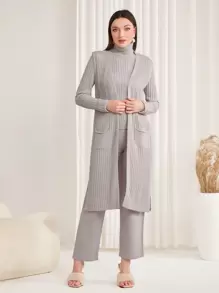 Seusyu 3pcs High Collar Sweater With Pockets, Split Hem Pants And Cardigan Set - Light Grey - View 1