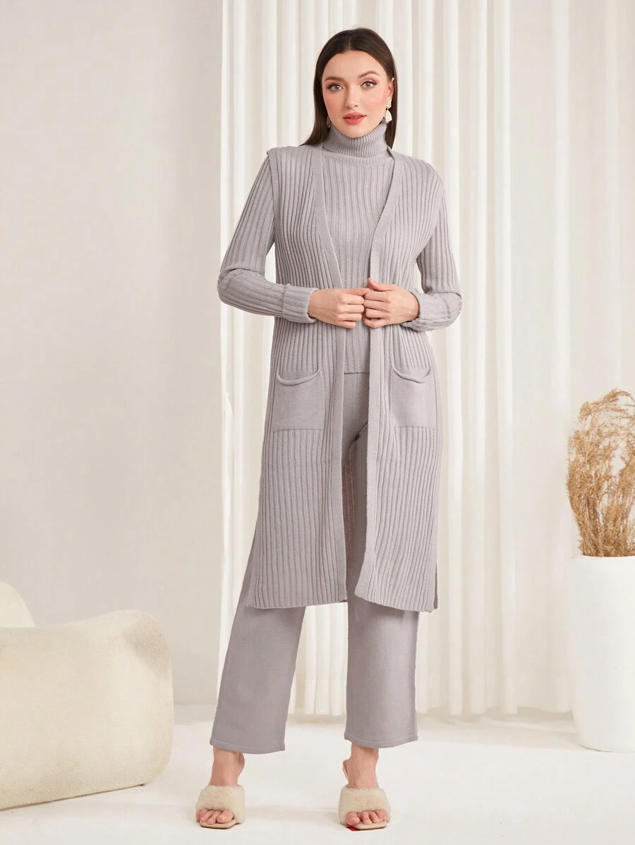 Seusyu 3pcs High Collar Sweater With Pockets, Split Hem Pants And Cardigan Set - Light Grey - View 1