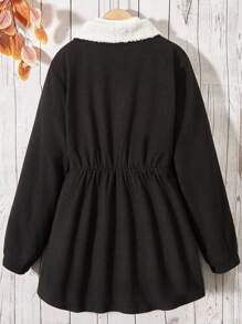 SHEIN Tween Girls' Color Block Lapel Collar Long Sleeve Woolen Coat