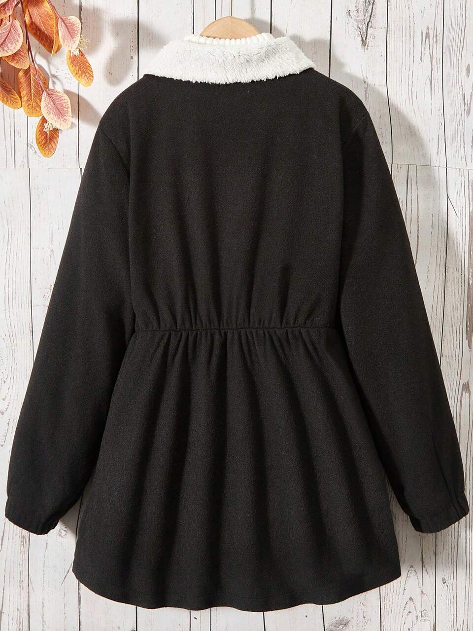 Tween Girls' Color Block Lapel Collar Long Sleeve Woolen Coat