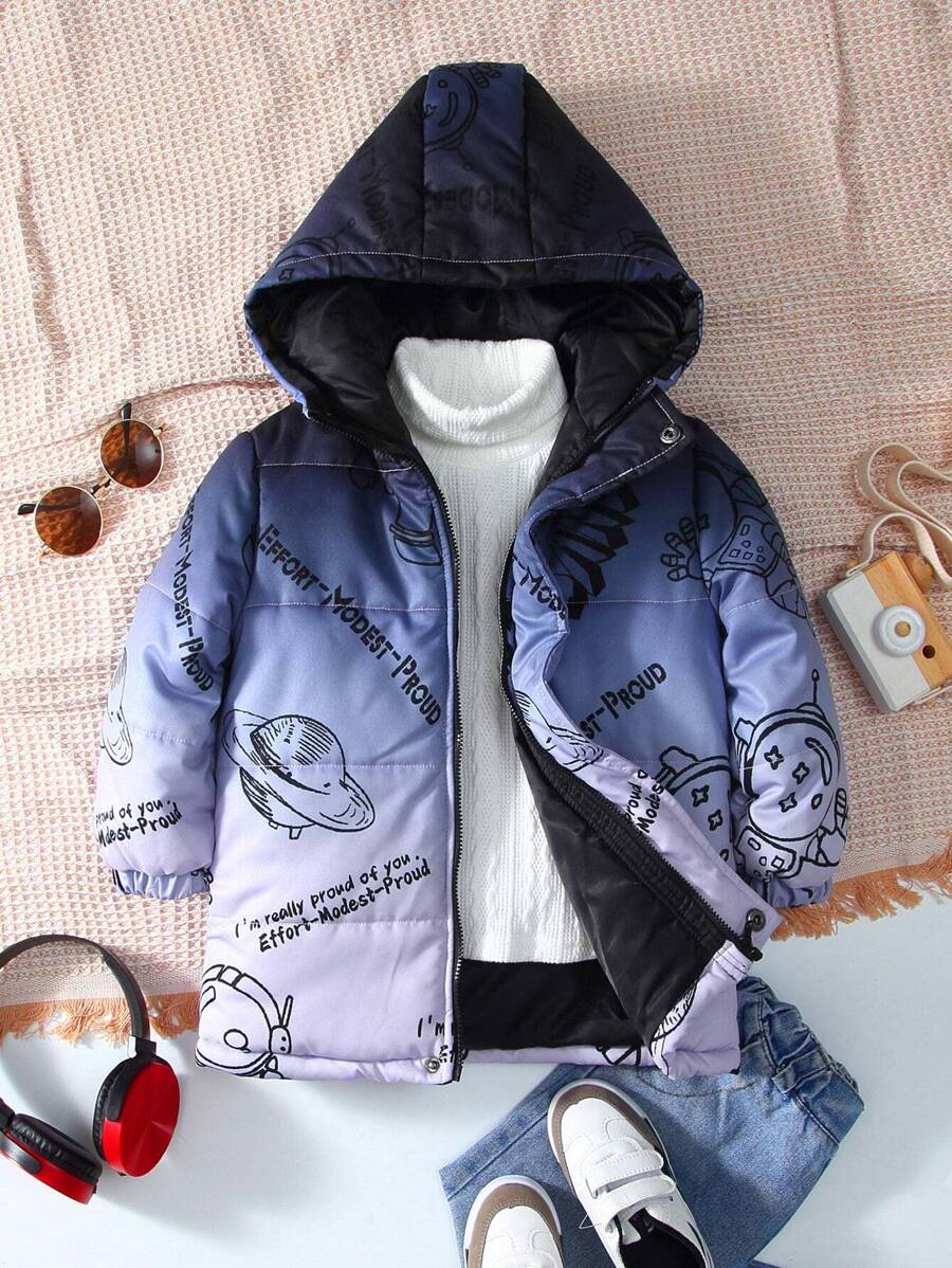 SHEIN Young Boy Astronaut & Letter Graphic Hooded Thermal Lined Zipper Padded Coat Without Sweater - Dark Grey - View 1