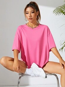 SHEIN EZwear Solid Color Drop Shoulder Women's T-shirt - Red - View 5