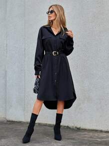 SHEIN Essnce 落肩袖翻蓋口袋高低下擺襯衫洋裝不附腰帶 - 黑色 - 查看 6