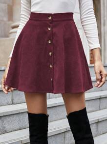 SHEIN Clasi Button Front Corduroy Flare Skirt - Burgundy - View 1