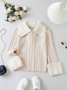 SHEIN Tween Girl Borg Collar Zip Up Cable Knit Cardigan