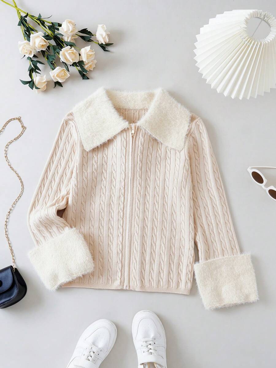 SHEIN Tween Girl Borg Collar Zip Up Cable Knit Cardigan