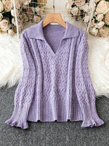 Celure 大碼素色喇叭袖麻花編織套頭毛衣 - 紫色 - 查看 1