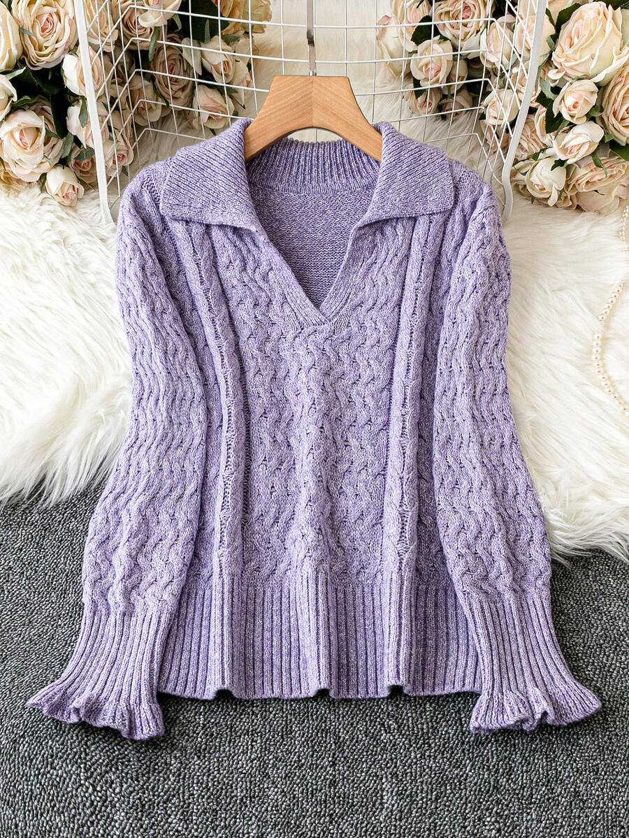 Celure 大碼素色喇叭袖麻花編織套頭毛衣 - 紫色 - 查看 1