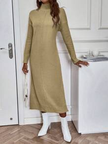 SHEIN Privé Mock Neck Drop Shoulder Sweater Dress Without Belt - Camel - View 3