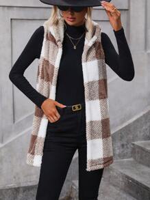 SHEIN LUNE 大方格圖案連帽絨毛外套馬甲 - 棕色 - 查看 6