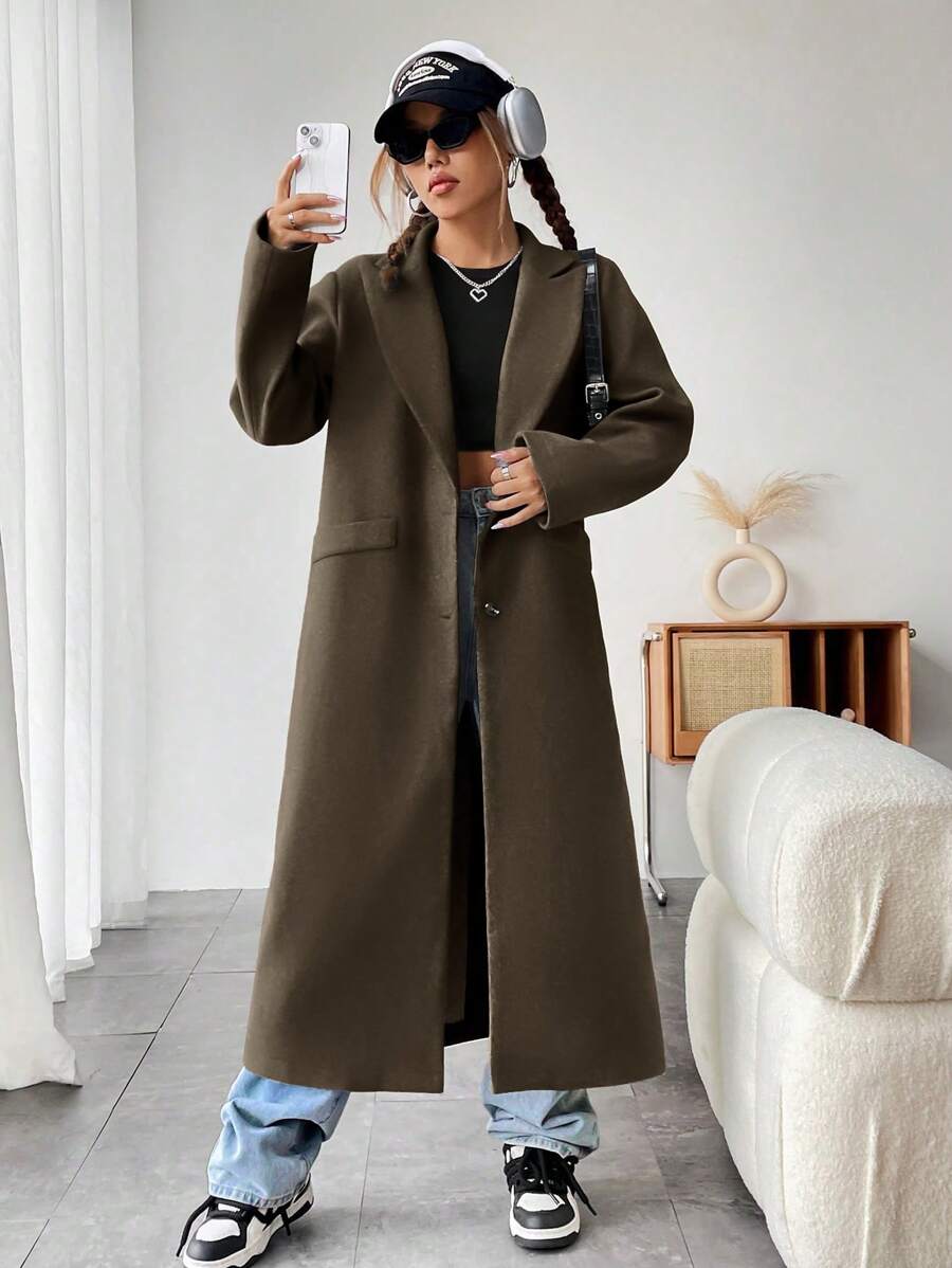 SHEIN Unity Đỉnh ve áo Ngực đơn Áo khoác - Cà phê nâu - Xem 1