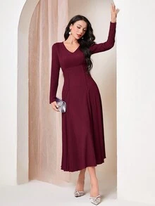 Modelyn V領純色高腰長袖連身裙 - 紅色 - 查看 4