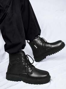 Men's High-top Stylish Solid Color Boots For Autumn And Winter - Black - View 3