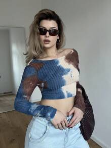 SHEIN Essnce 紮染短款T恤 - 黃色 - 查看 5