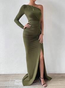 SHEIN Privé One Shoulder Ruched Split Thigh Dress - Army Green - View 6