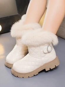孩子們的冬天時尚絲絨一腳蹬短靴適合女孩,濃烈香調休閒毛茸茸平底靴,素色,多用途雪地靴,水鑽皮革靴子 - 米色 - 查看 4