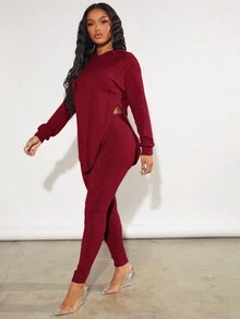 SHEIN SXY Chất rắn Thả vai Hoodie & Leggings - Màu Đỏ Sâu - Xem 5