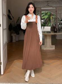 DAZY Pocket Front Overall Dress With Adjustable Strap Without Shirt - Coffee - View 7