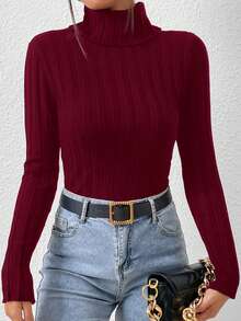 Mulvari Áo len dệt kim cổ lọ màu đỏ tía - Màu Đỏ Sâu - Xem 5