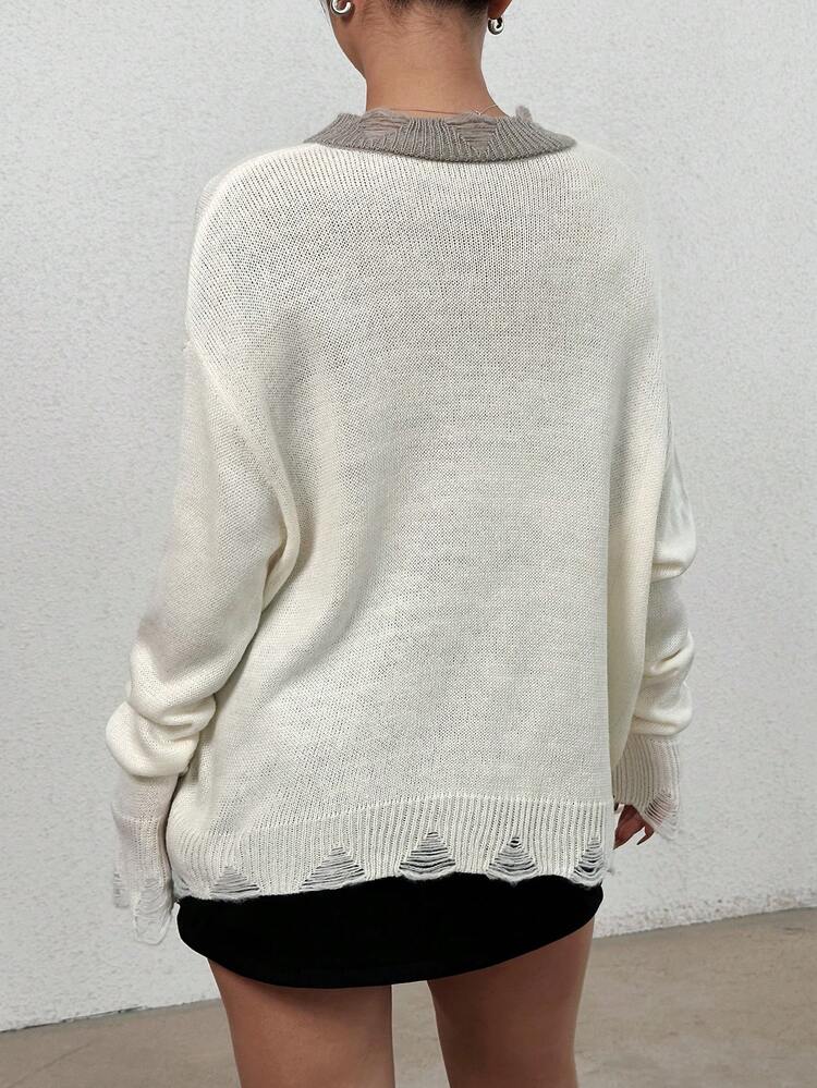 Contrast Trim Drop Shoulder Knit Pullover Fall Winter Sweater